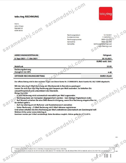 Sweden Tele Ring utility bill template in Word and PDF format